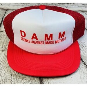 DAMM Drunks Against MADD Mothers Trucker Hat Red White Mesh Snapback Rare Vtg